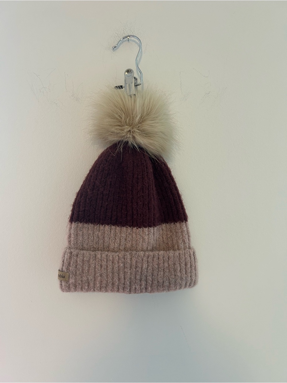 Columbia Kids Two-Tone Pom Beanie in Maroon & Taupe